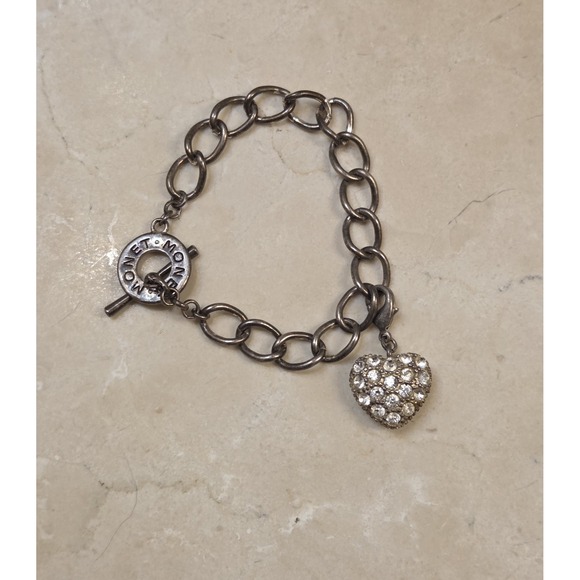 Monet Jewelry - Vintage Monet Toggle Clasp‎ Charm Bracelet w/ Pave Heart Charm 7" Signed